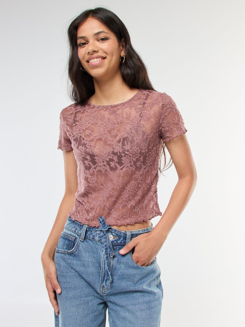 Camiseta de encaje de manga corta Marron - Kiabi