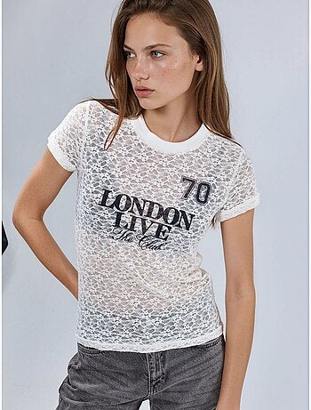 Camiseta de encaje estampada con cuello redondo busem