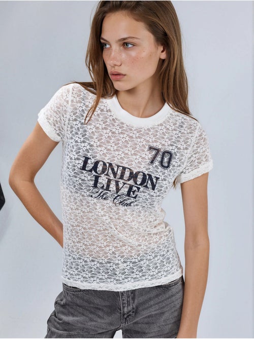 Camiseta de encaje estampada con cuello redondo busem - Kiabi