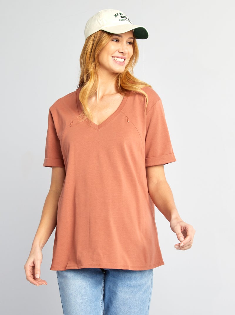 Camiseta de lactancia con cuello de pico MARRON - Kiabi