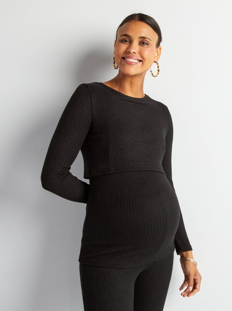 Camiseta de lactancia de canalé negro - Kiabi