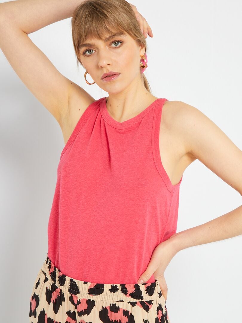 Camiseta de lino con cuello americano rosa azalea - Kiabi