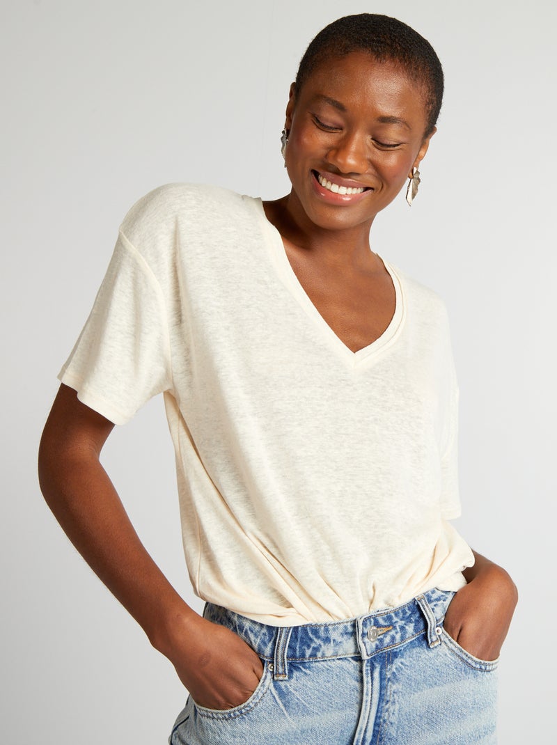 Camiseta de lino con cuello de pico BLANCO - Kiabi