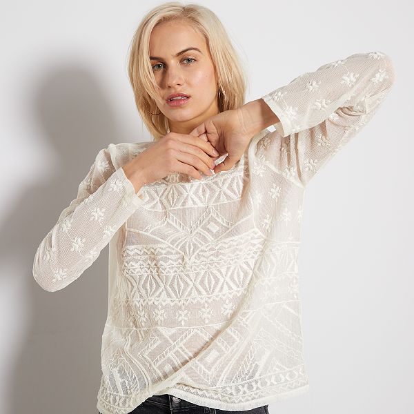 Camiseta de macramé Mujer talla 34 a 48 blanco nieve Camiseta de encaje Mujer talla 34 a 48 blanco nieve