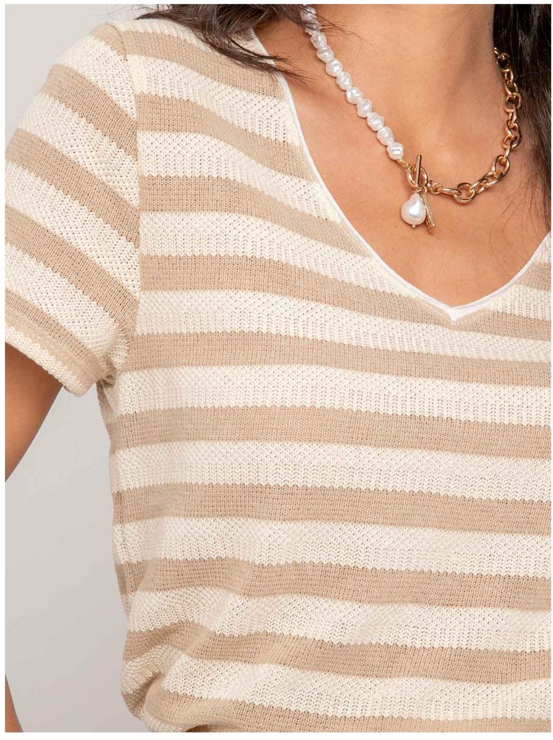 Camiseta de manga corta a rayas FIGO Beige - Kiabi