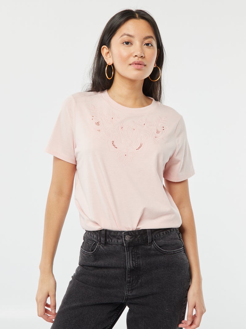 Camiseta de manga corta con bordados ROSA - Kiabi