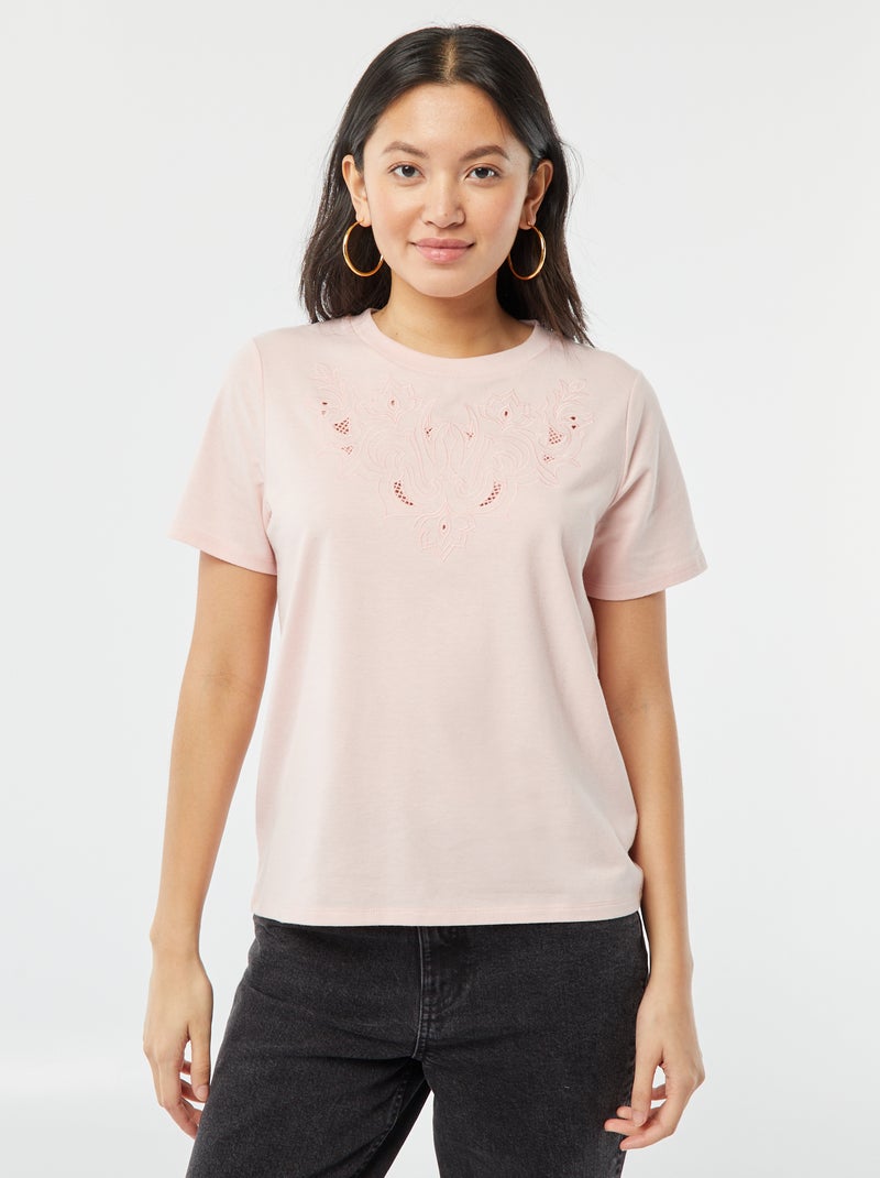 Camiseta de manga corta con bordados ROSA - Kiabi