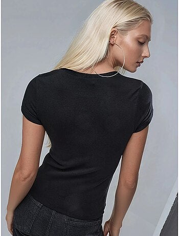 Camiseta de manga corta con cuello redondo brillante y estampado de texto busem