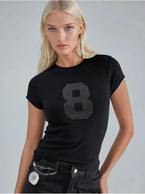 Camiseta de manga corta con cuello redondo brillante y estampado de texto busem - Kiabi