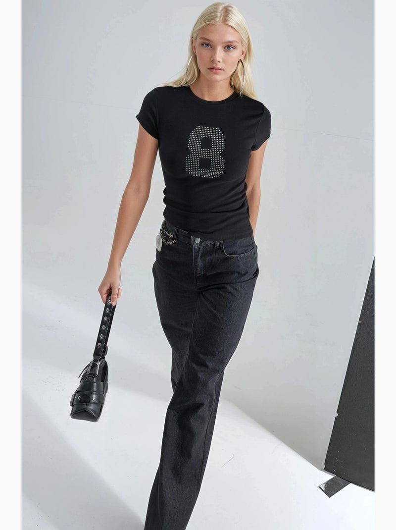 Camiseta de manga corta con cuello redondo brillante y estampado de texto busem Negro - Kiabi