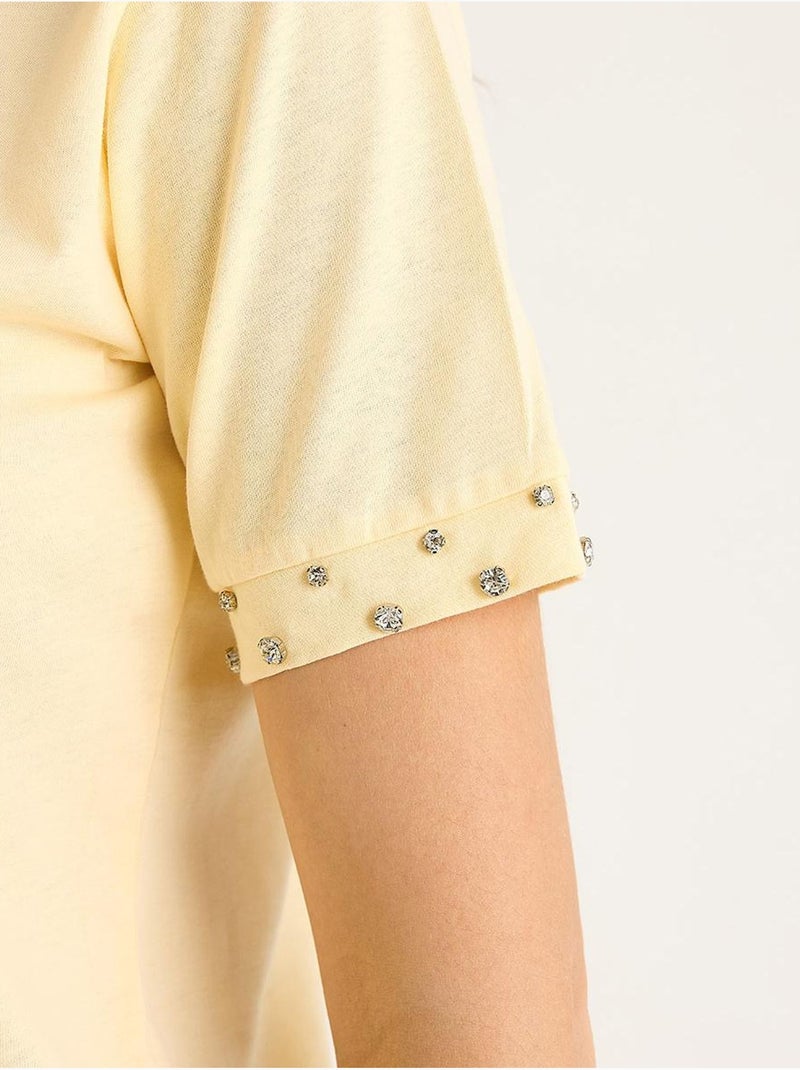Camiseta de manga corta con cuello redondo y bordado lucci Amarillo limón - Kiabi