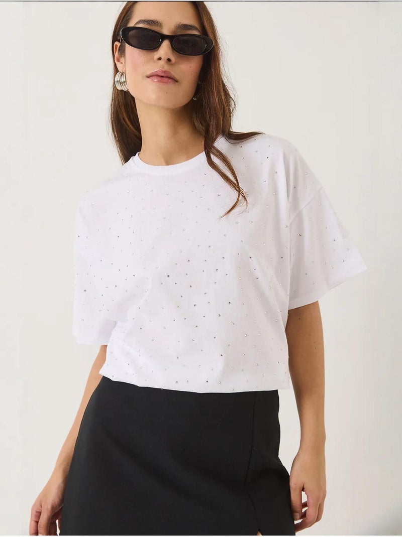 Camiseta de manga corta con cuello redondo y detalle de lentejuelas lucci Blanco - Kiabi