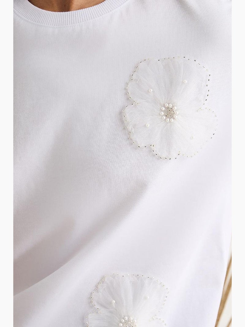 Camiseta de manga corta con cuello redondo y detalle floral de lucci Blanco - Kiabi