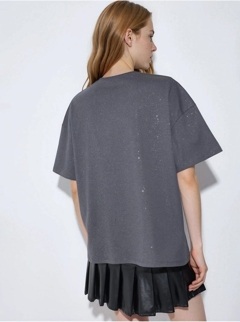 Camiseta de manga corta con cuello redondo y lentejuelas busem Gris oscuro - Kiabi