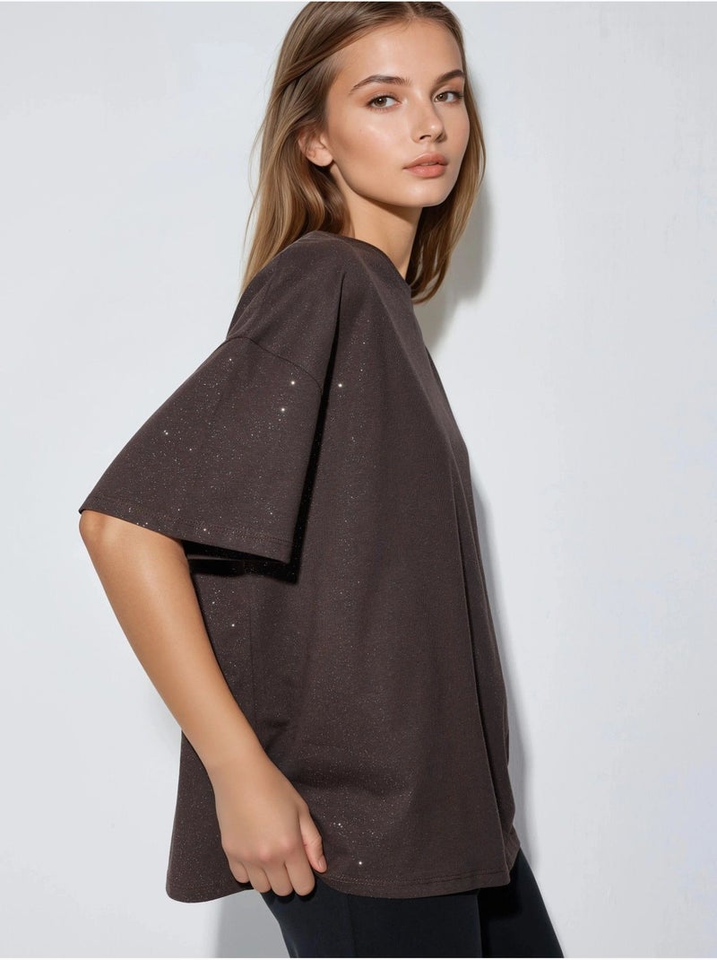 Camiseta de manga corta con cuello redondo y lentejuelas busem Marrón oscuro - Kiabi