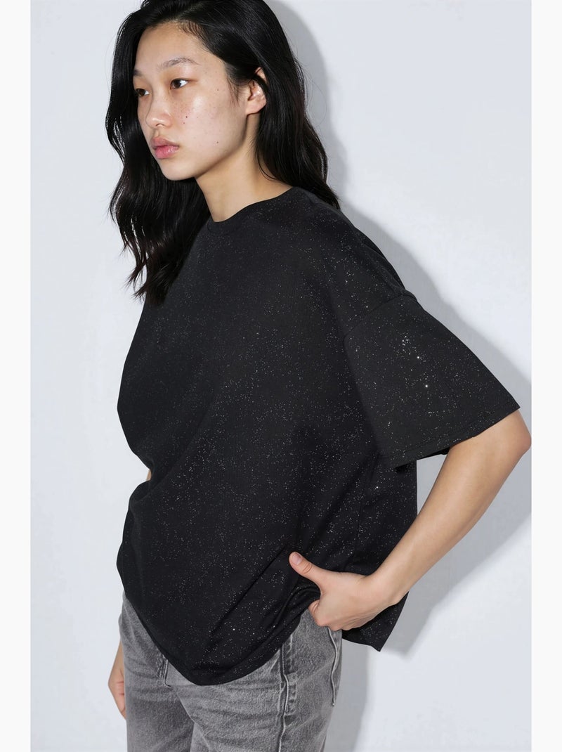 Camiseta de manga corta con cuello redondo y lentejuelas busem Negro - Kiabi