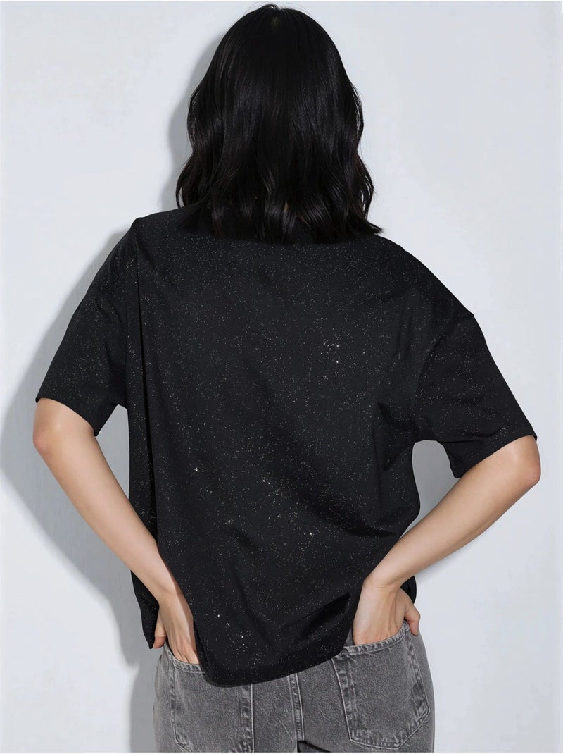 Camiseta de manga corta con cuello redondo y lentejuelas busem Negro - Kiabi