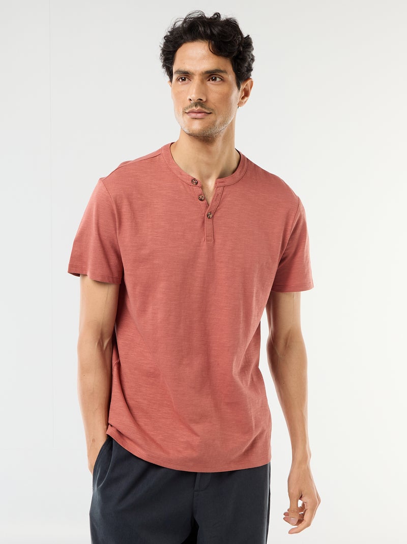 Camiseta de manga corta con cuello tunecino Rosa - Kiabi