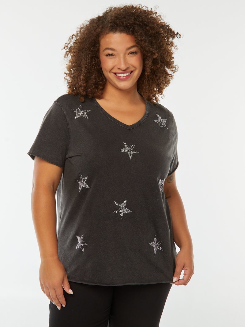 Camiseta de manga corta con estrellas de strass Negro - Kiabi