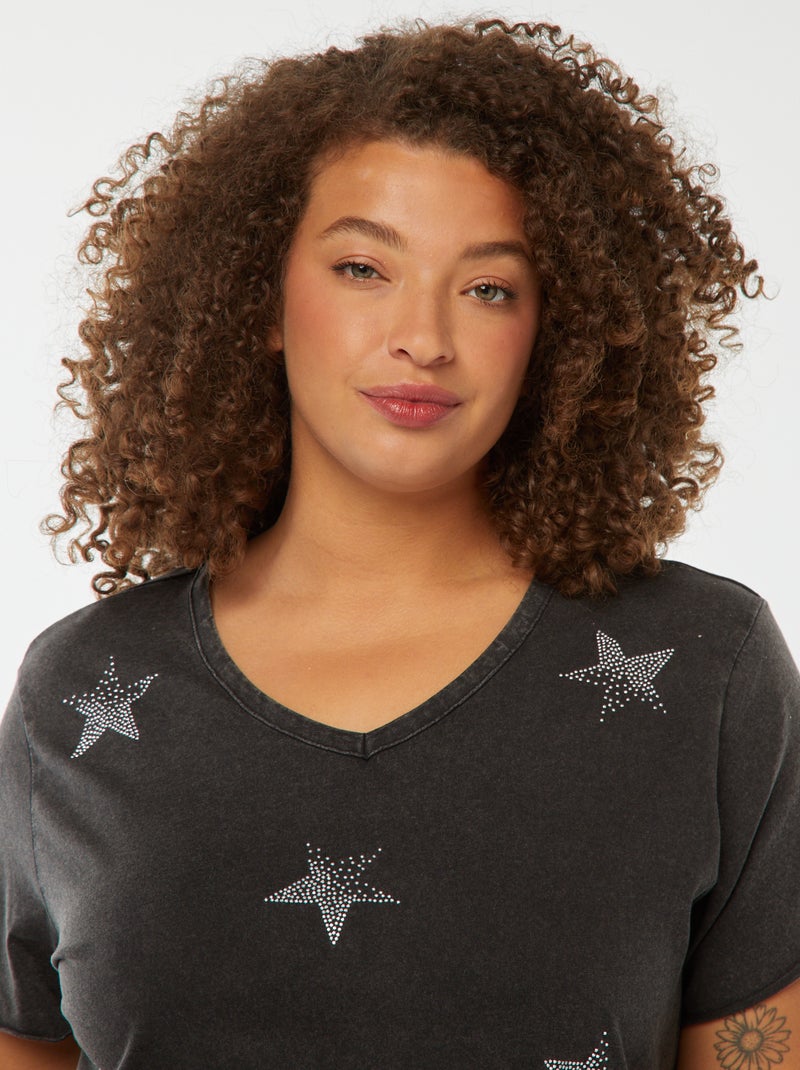 Camiseta de manga corta con estrellas de strass Negro - Kiabi