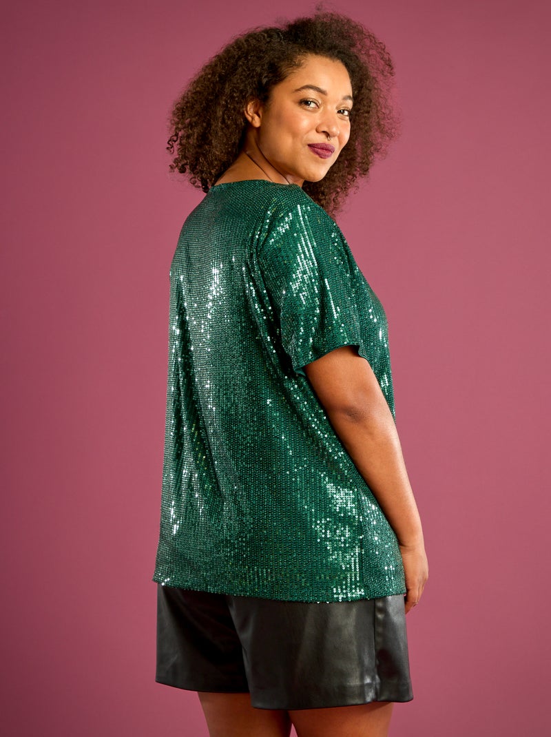 Camiseta de manga corta con lentejuelas Verde - Kiabi