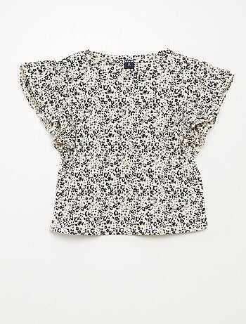Camiseta de manga corta con volantes y cuello redondo estampada