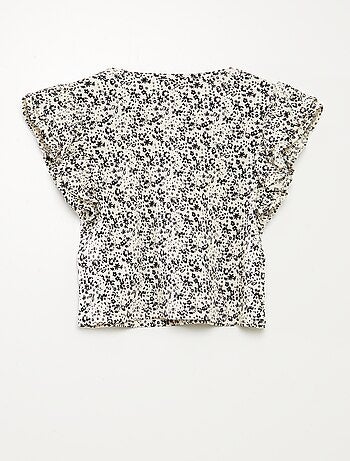 Camiseta de manga corta con volantes y cuello redondo estampada