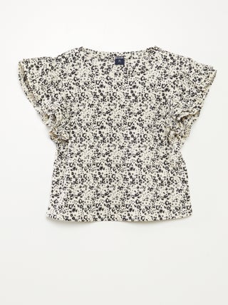 Camiseta de manga corta con volantes y cuello redondo estampada