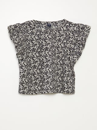Camiseta de manga corta con volantes y cuello redondo estampada