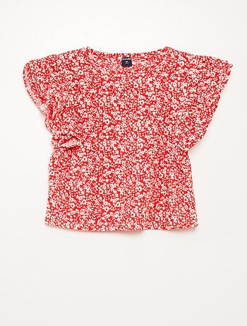 Camiseta de manga corta con volantes y cuello redondo estampada