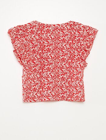 Camiseta de manga corta con volantes y cuello redondo estampada