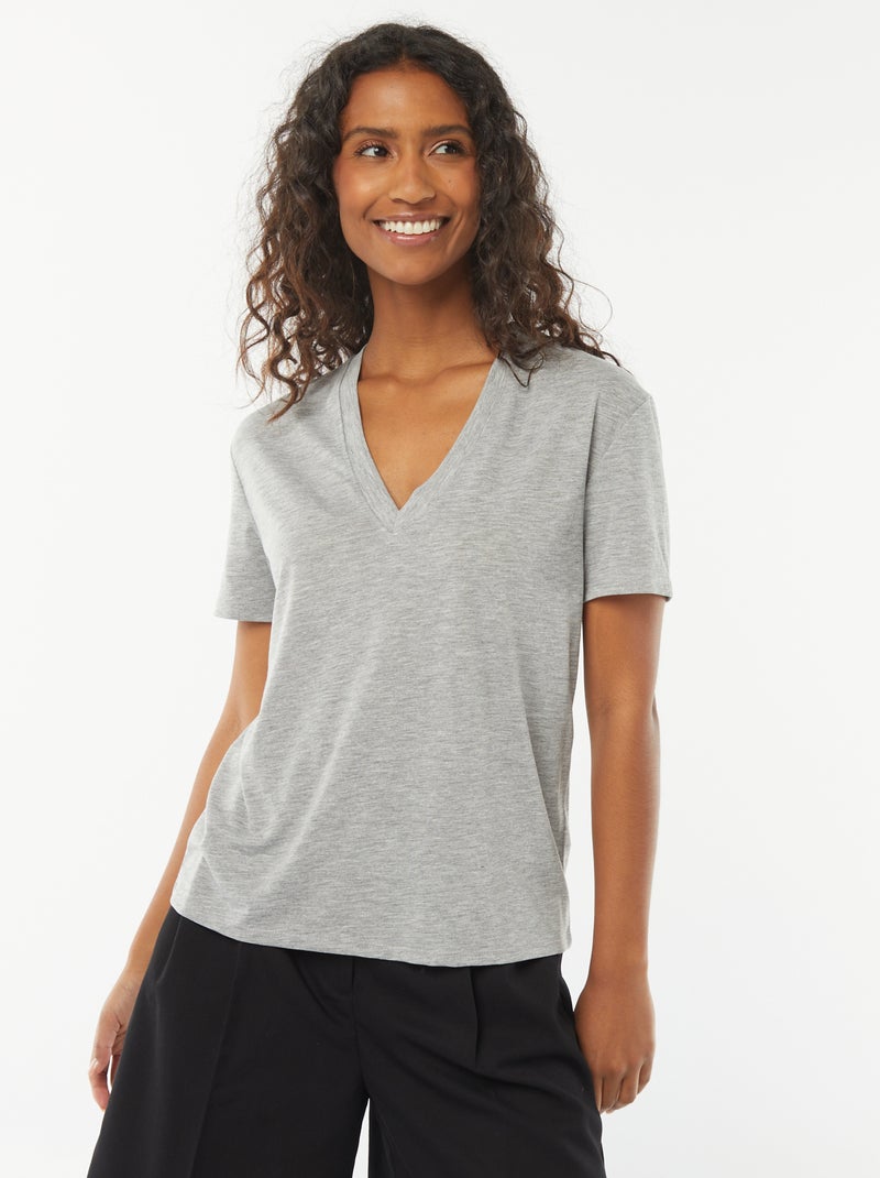 Camiseta de manga corta cuello de pico Gris - Kiabi