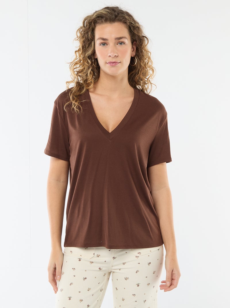 Camiseta de manga corta cuello de pico Marron - Kiabi