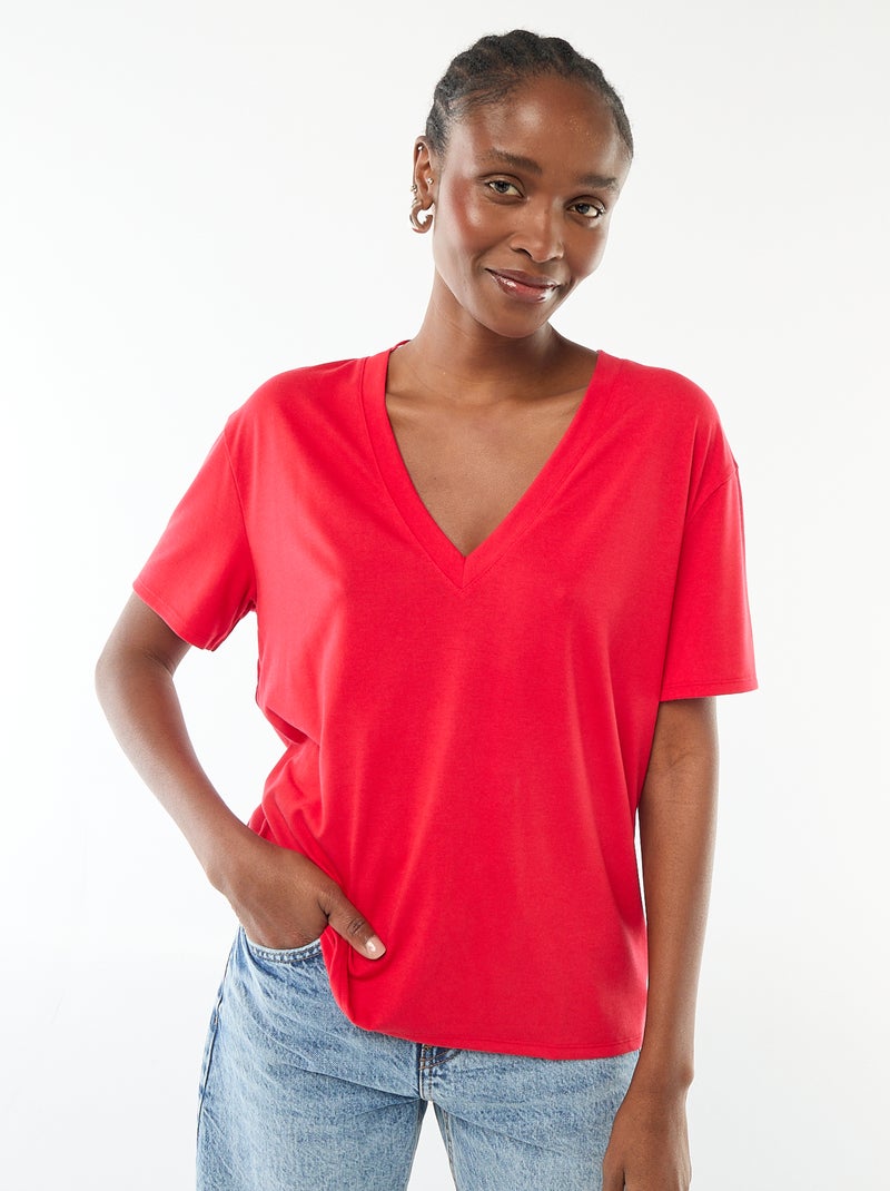 Camiseta de manga corta cuello de pico Rojo - Kiabi