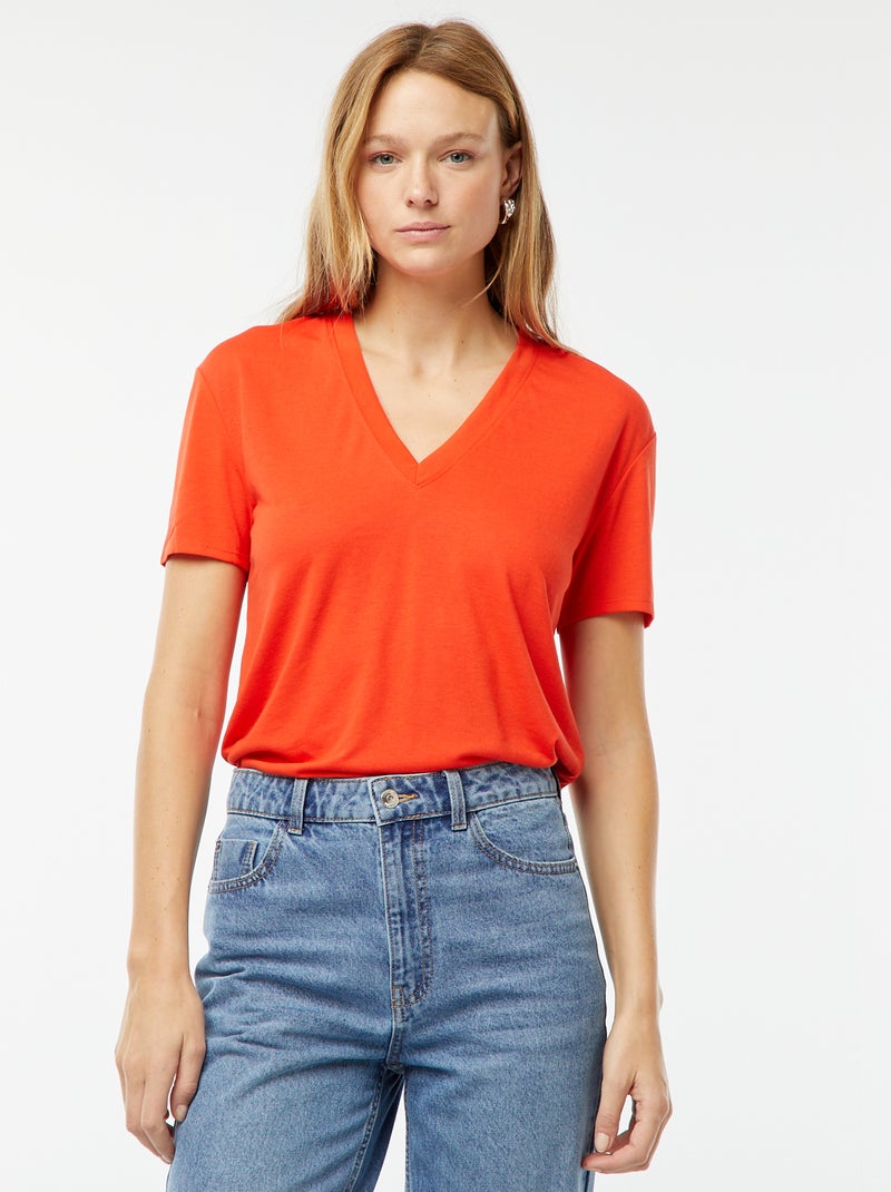 Camiseta de manga corta cuello de pico rojo - Kiabi