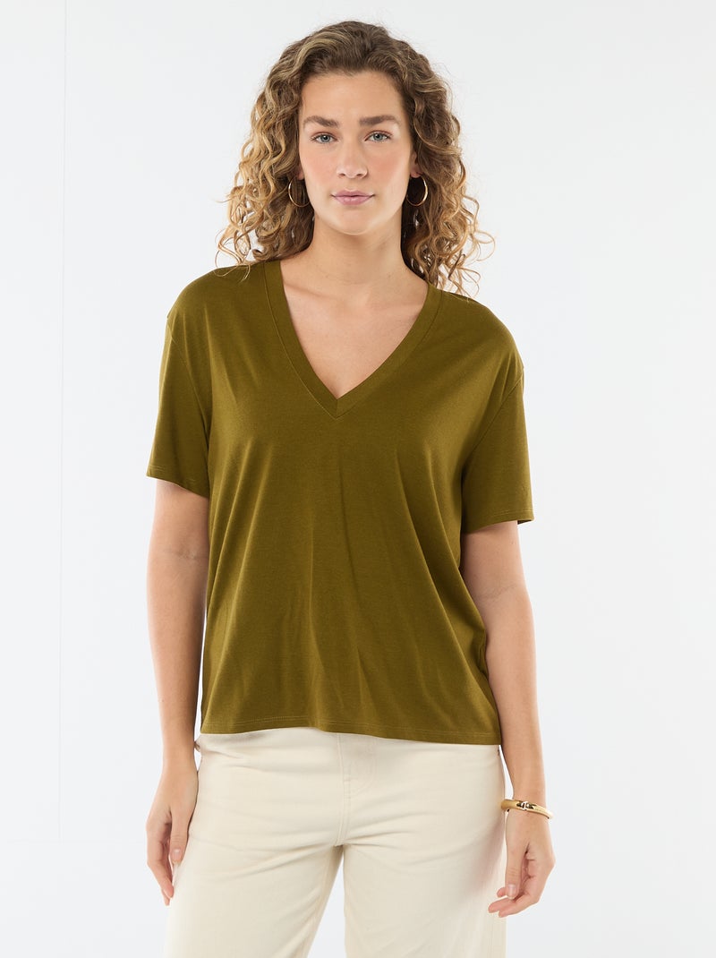 Camiseta de manga corta cuello de pico Verde - Kiabi