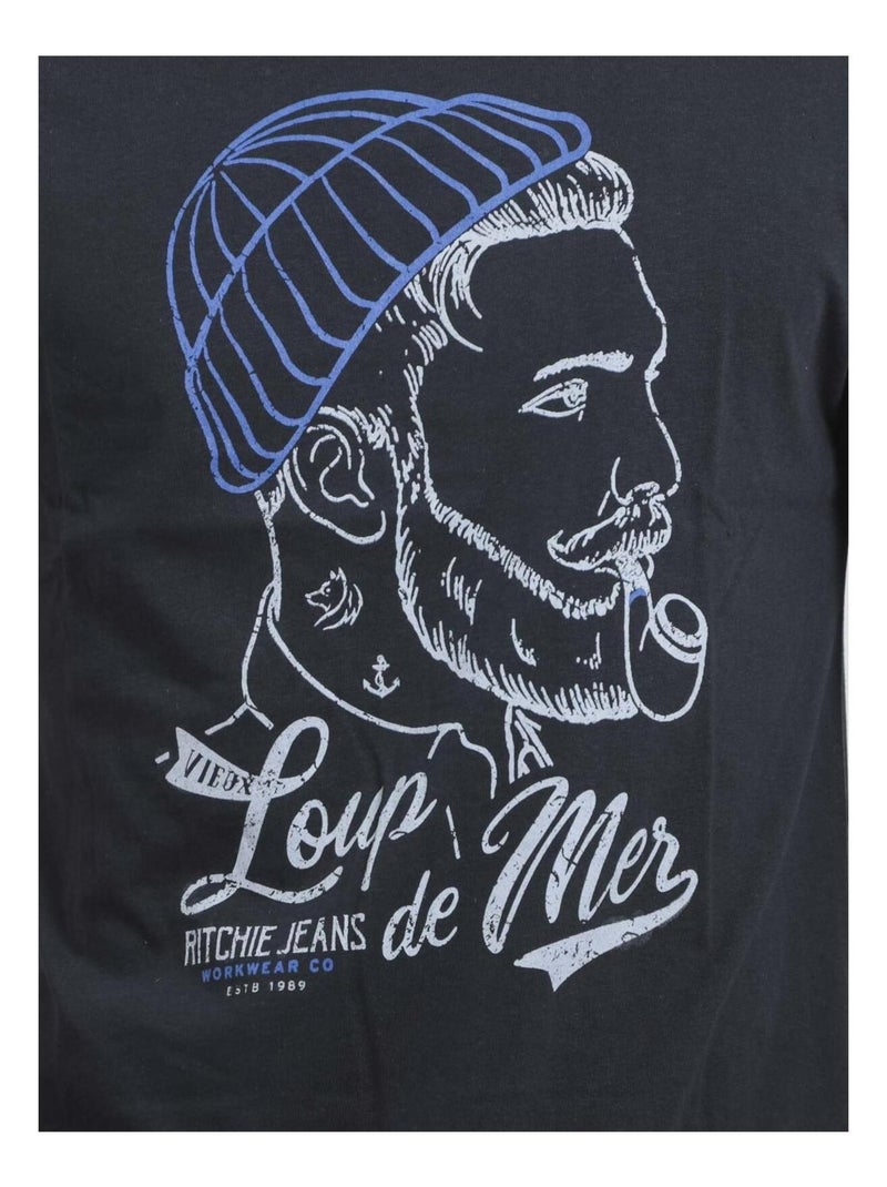 Camiseta de manga corta cuello redondo de puro algodón JOUANCY Azul marino - Kiabi