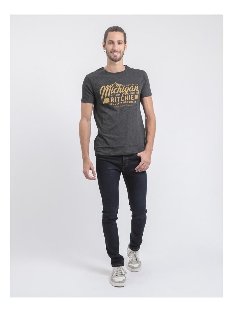 Camiseta de manga corta cuello redondo de puro algodón JOULTIX Gris antracita - Kiabi
