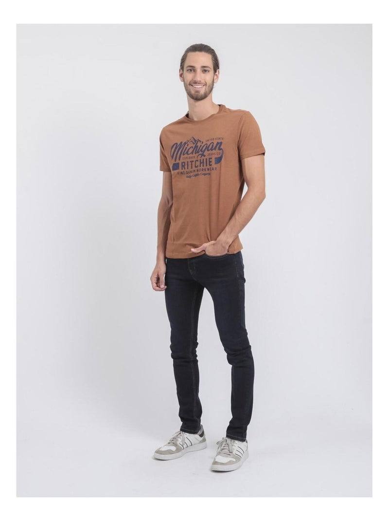 Camiseta de manga corta cuello redondo de puro algodón JOULTIX Marrón glaseado - Kiabi