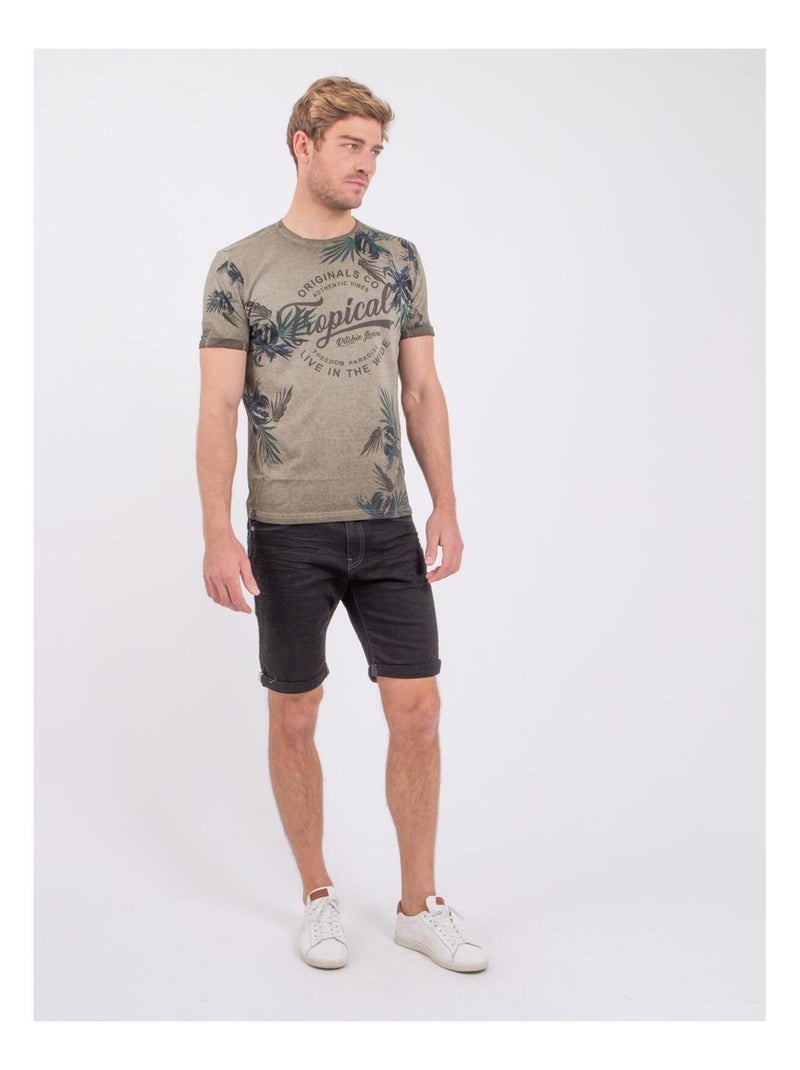 Camiseta de manga corta cuello redondo de puro algodón NERWIK Caqui - Kiabi