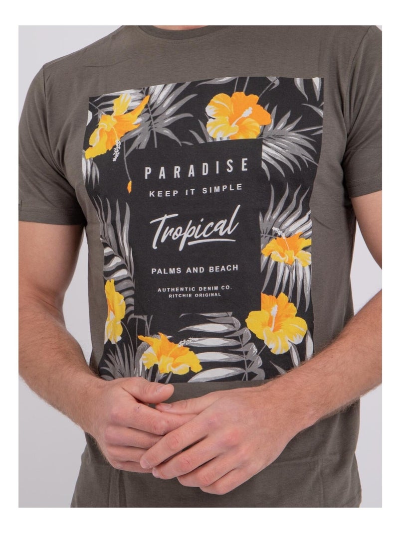 Camiseta de manga corta cuello redondo de puro algodón NOCTAVIO Caqui - Kiabi