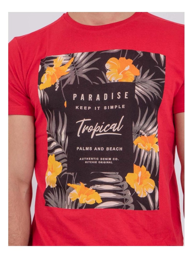 Camiseta de manga corta cuello redondo de puro algodón NOCTAVIO Rojo - Kiabi