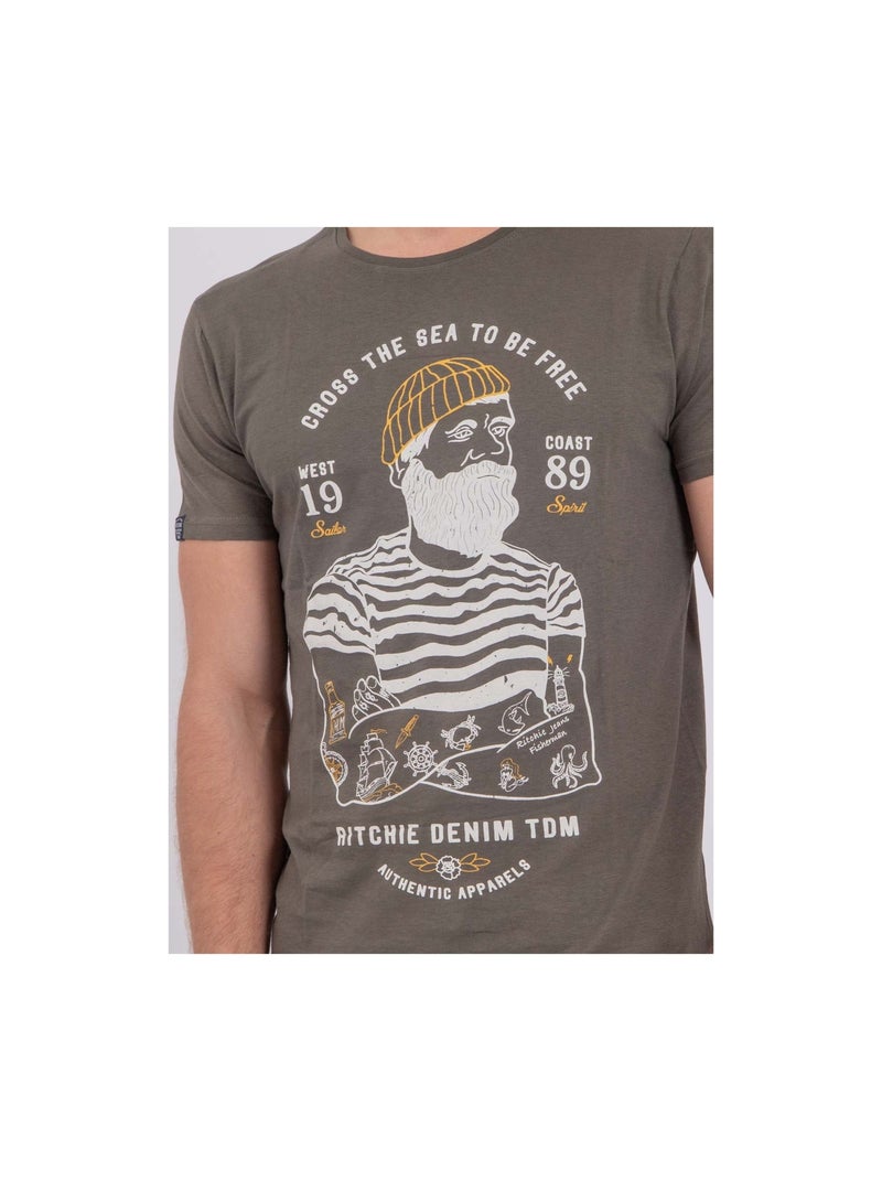 Camiseta de manga corta cuello redondo de puro algodón NUPLATON Caqui - Kiabi