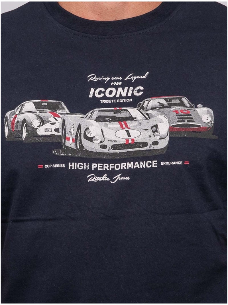 Camiseta de manga corta de algodón con estampado de coches de carreras jigator Azul marino - Kiabi