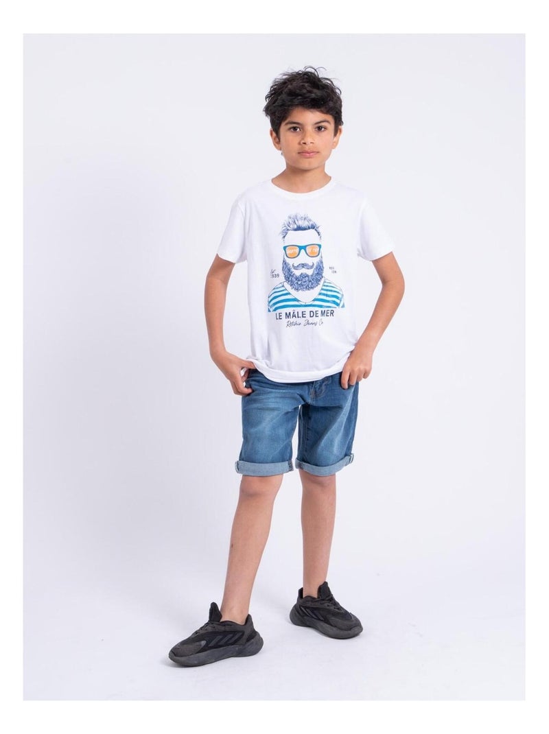 Camiseta de manga corta de cuello redondo de puro algodón NABARZU-J Blanco - Kiabi