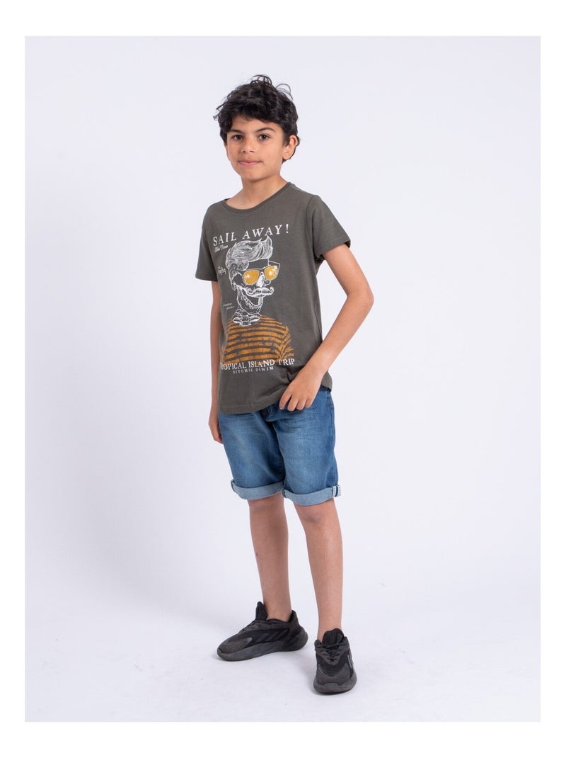 Camiseta de manga corta de cuello redondo de puro algodón NOUMICK-J Caqui - Kiabi
