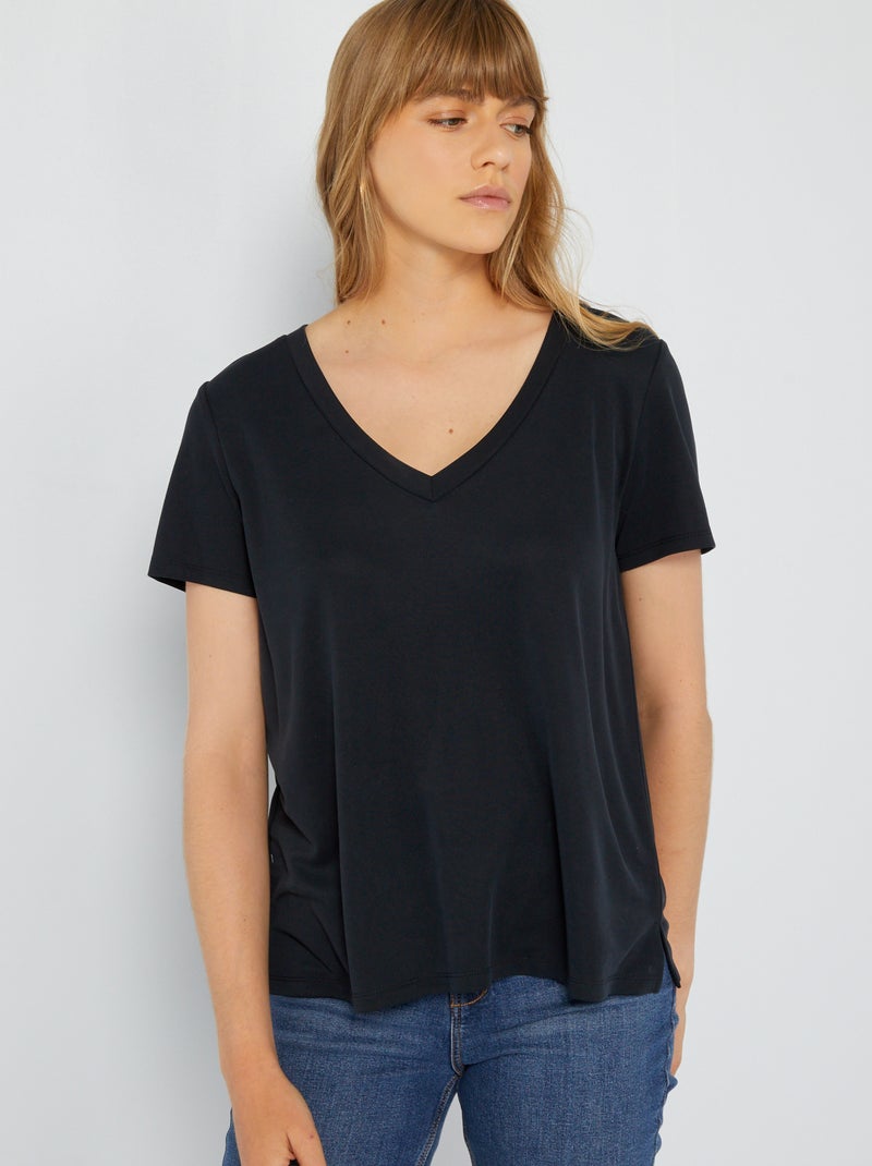 Camiseta de manga corta de material suave Negro - Kiabi