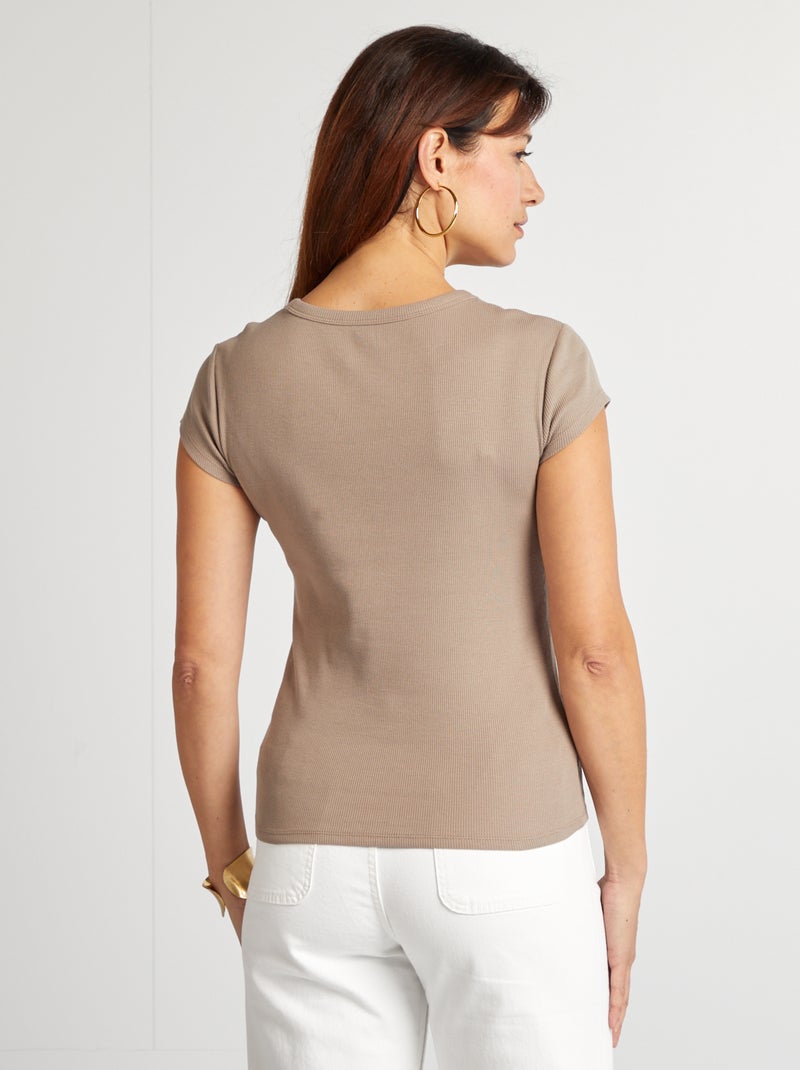 Camiseta de manga corta de punto de canalé BEIGE - Kiabi