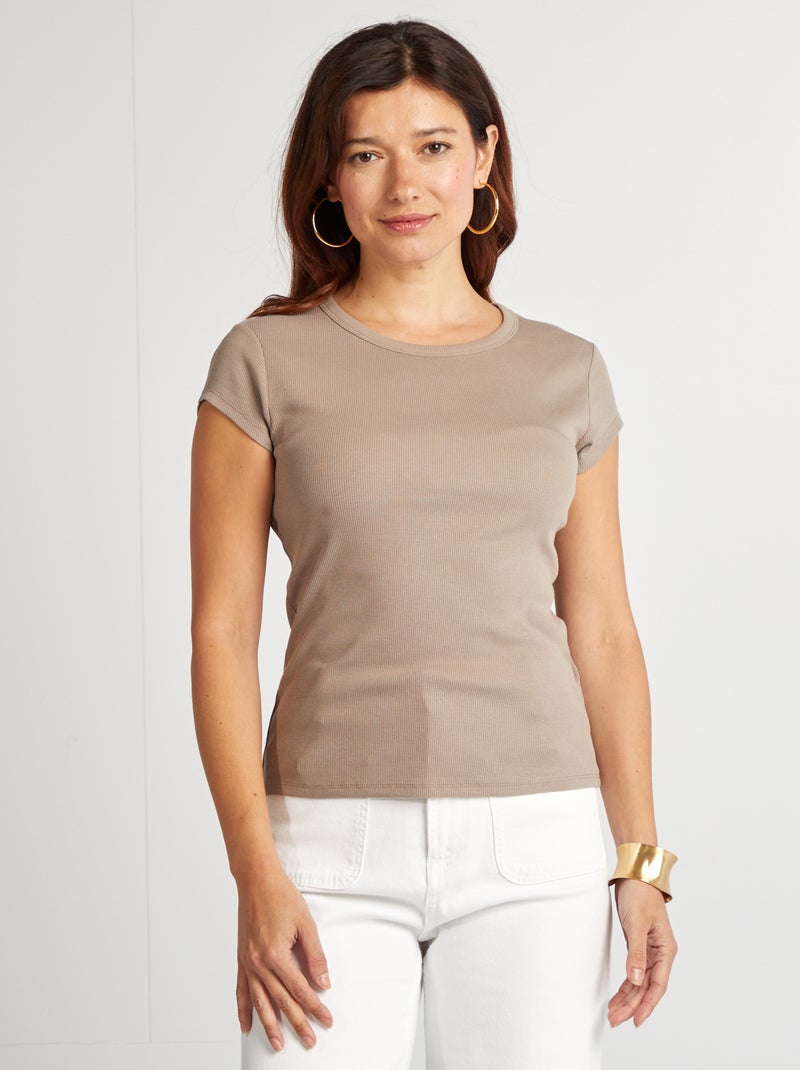 Camiseta de manga corta de punto de canalé BEIGE - Kiabi
