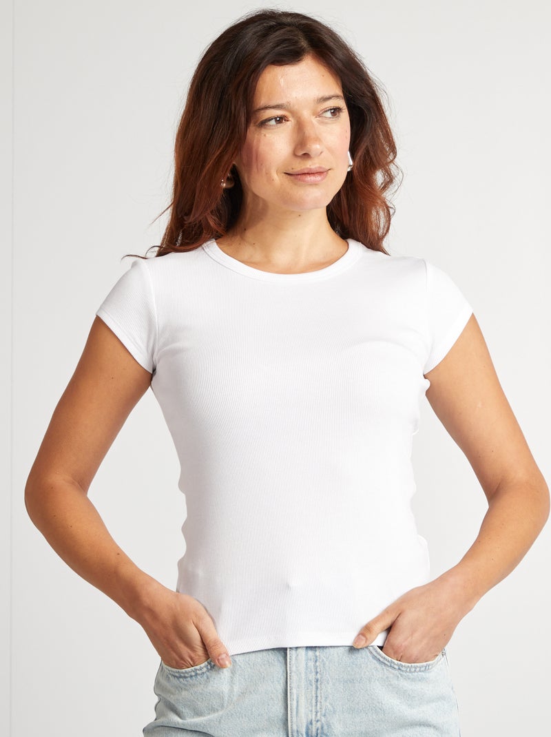 Camiseta de manga corta de punto de canalé blanco - Kiabi
